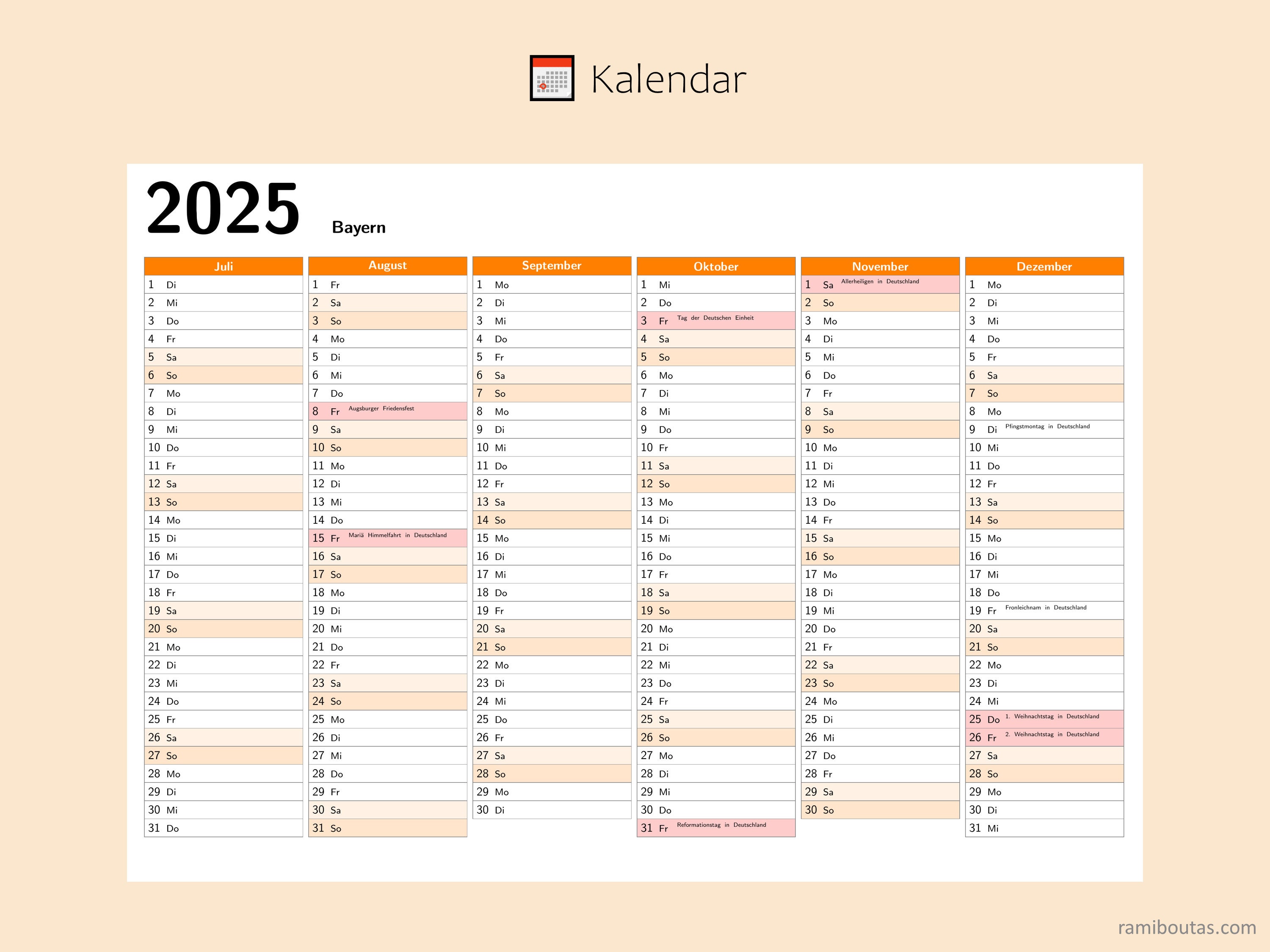 kalendar 2025 mit feiertage in bayern - deutschland