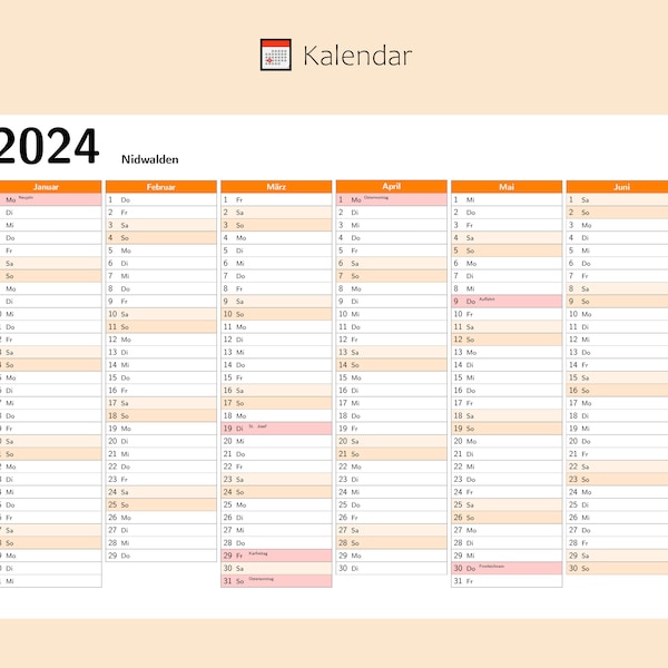 Kalendar 2024 mit Feiertage in Nidwalden - Schweiz, Ganzjahreskalender, Druckbarer Kalendar, Kalender im A4-Querformat, Wandkalender