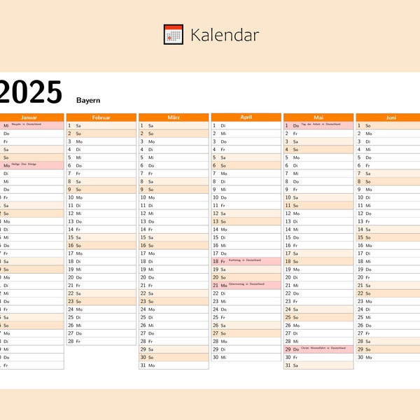 Kalendar 2025 mit Feiertage in Bayern - Deutschland, Ganzjahreskalender, Druckbarer Kalendar, Kalender im A4-Querformat, Wandkalender