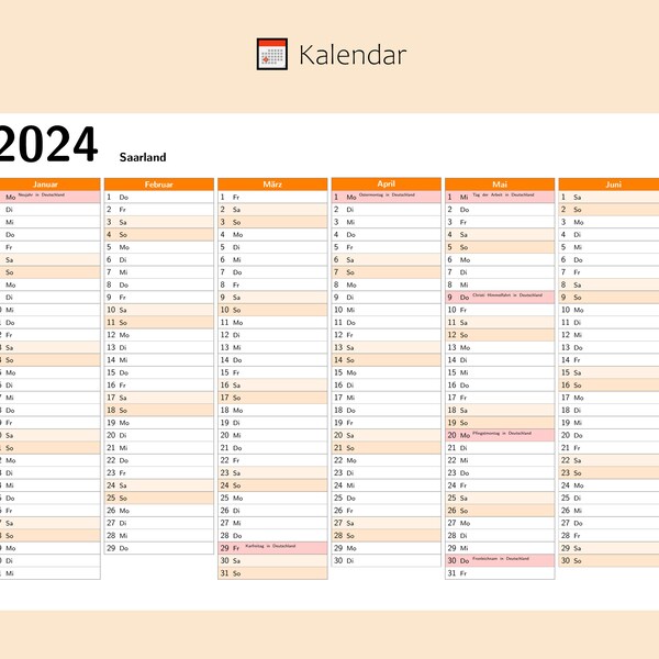 Kalendar 2024 mit Feiertage in Saarland - Deutschland, Ganzjahreskalender, Druckbarer Kalendar, Kalender im A4-Querformat, Wandkalender