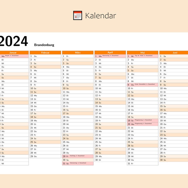 Kalendar 2024 mit Feiertage in Brandenburg - Deutschland, Ganzjahreskalender, Druckbarer Kalendar, Kalender im A4-Querformat, Wandkalender