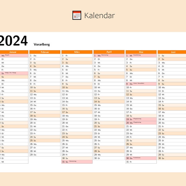 Kalendar 2024 mit Feiertage in Vorarlberg - Österreich, Ganzjahreskalender, Druckbarer Kalendar, Kalender im A4-Querformat, Wandkalender