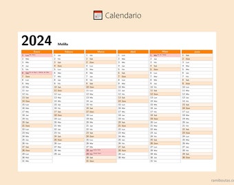 Calendario 2024 Melilla - España, Calendario de año completo, Calendario Imprimible, Calendario en formato A4 apaisado, Calendario de pared