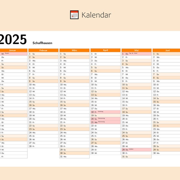 Kalendar 2025 mit Feiertage in Schaffhausen - Schweiz, Ganzjahreskalender, Druckbarer Kalendar, Kalender im A4-Querformat, Wandkalender