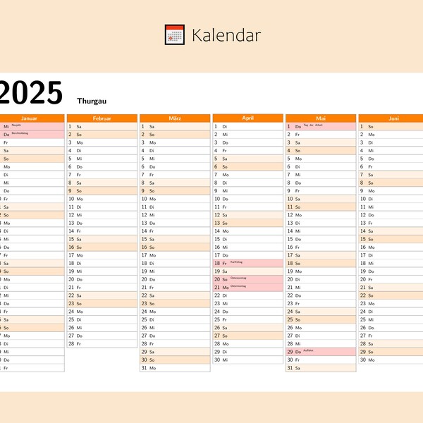 Kalendar 2025 mit Feiertage in Thurgau - Schweiz, Ganzjahreskalender, Druckbarer Kalendar, Kalender im A4-Querformat, Wandkalender