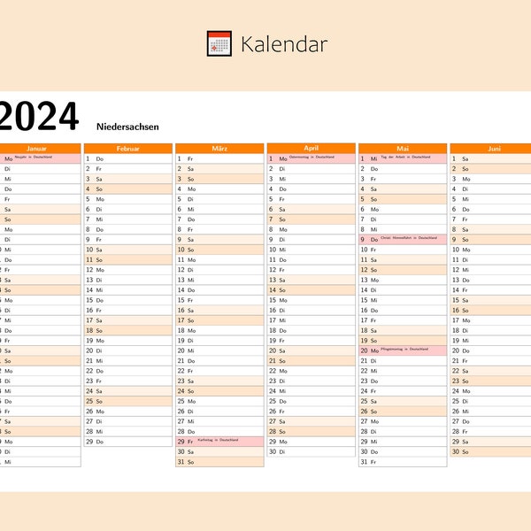 Kalendar 2024 mit Feiertage in Niedersachsen - Deutschland, Ganzjahreskalender, Druckbarer Kalendar, Kalender im A4-Querformat, Wandkalender