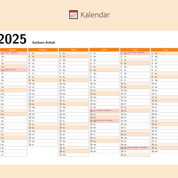 Kalendar 2025 mit Feiertage in Sachsen-Anhalt - Deutschland, Ganzjahreskalender, Druckbarer Kalendar, Kalender im A4-Querformat