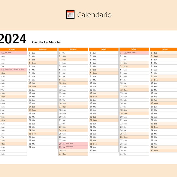 Calendario 2024 Castilla La Mancha - España, Calendario de año completo, Calendario Imprimible, Calendario en formato A4 apaisado