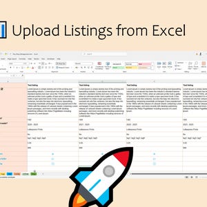 Peut inclure: Capture d'écran d'une feuille de calcul Excel avec des champs de données pour les fiches produits. Le texte "Upload Listings from Excel" est en haut. Un graphique de fusée est dans le coin inférieur droit. La feuille de calcul comprend des champs pour le titre, la description et le prix.