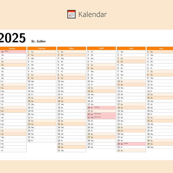 Kalendar 2025 mit Feiertage in St. Gallen - Schweiz, Ganzjahreskalender, Druckbarer Kalendar, Kalender im A4-Querformat, Wandkalender
