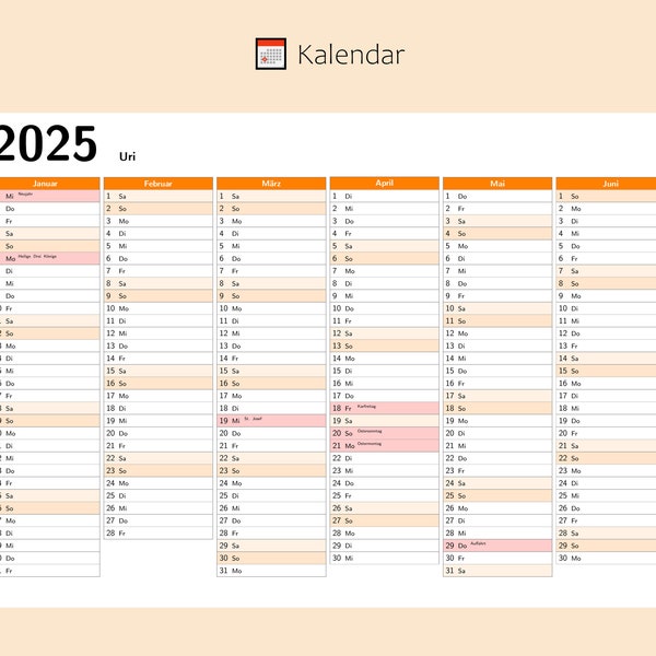 Kalendar 2025 mit Feiertage in Uri - Schweiz, Ganzjahreskalender, Druckbarer Kalendar, Kalender im A4-Querformat, Wandkalender, Monatsplaner