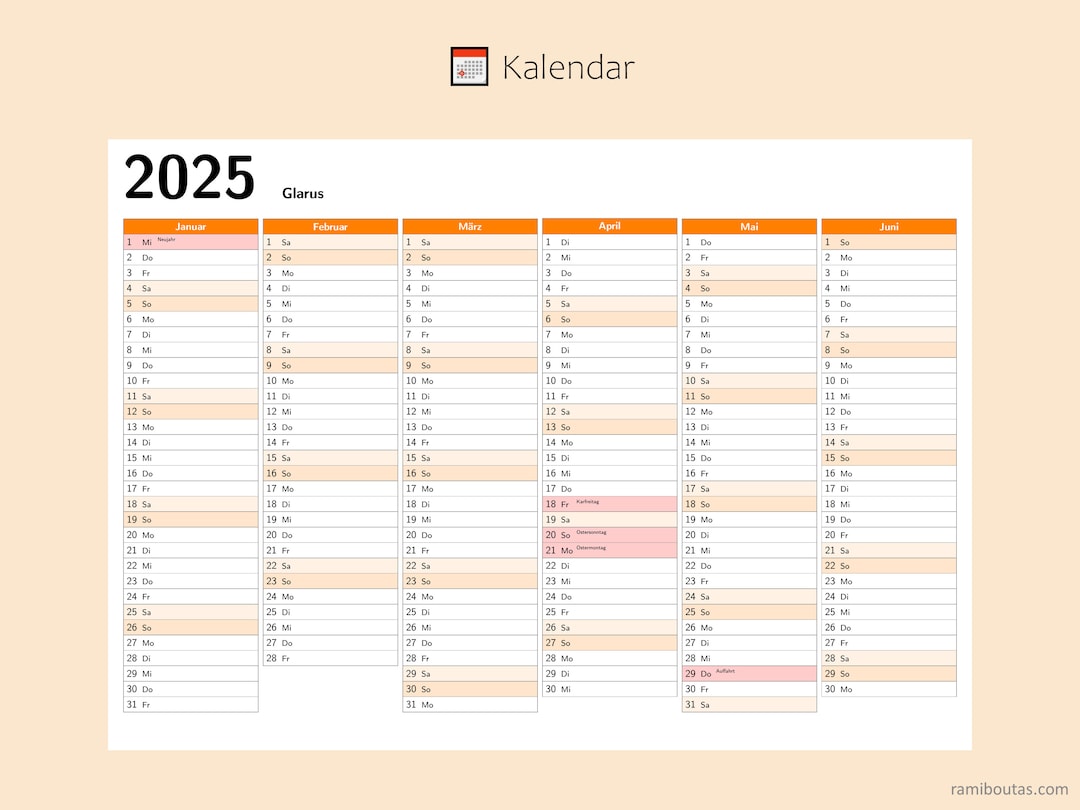 Kalendar 2025 Mit Feiertage in Glarus Schweiz, Ganzjahreskalender, Druckbarer Kalendar, Kalender