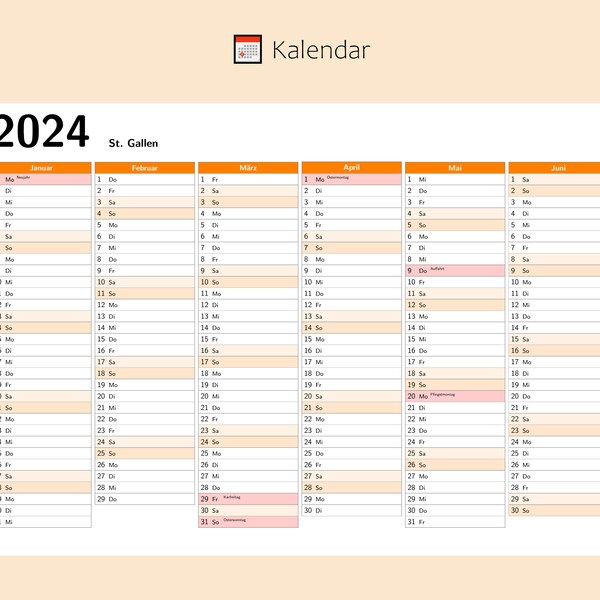 Kalendar 2024 mit Feiertage in St. Gallen - Schweiz, Ganzjahreskalender, Druckbarer Kalendar, Kalender im A4-Querformat, Wandkalender