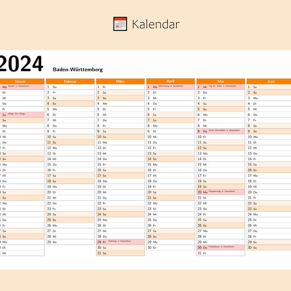 Kalendar 2024 mit Feiertage in Baden-Württemberg - Deutschland, Ganzjahreskalender, Druckbarer Kalendar, Kalender im A4-Querformat