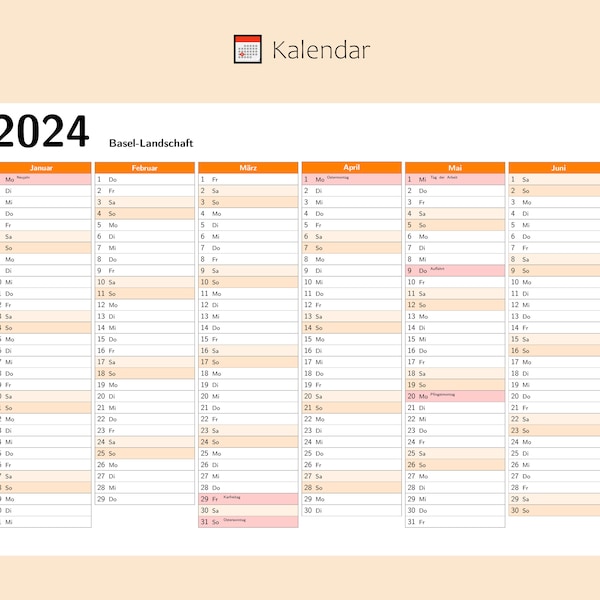Kalendar 2024 mit Feiertage in Basel-Landschaft - Schweiz, Ganzjahreskalender, Druckbarer Kalendar, Kalender im A4-Querformat, Wandkalender