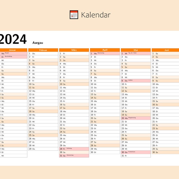 Kalendar 2024 mit Feiertage in Aargau - Schweiz, Ganzjahreskalender, Druckbarer Kalendar, Kalender im A4-Querformat, Wandkalender