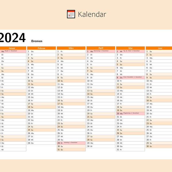 Kalendar 2024 mit Feiertage in Bremen - Deutschland, Ganzjahreskalender, Druckbarer Kalendar, Kalender im A4-Querformat, Wandkalender