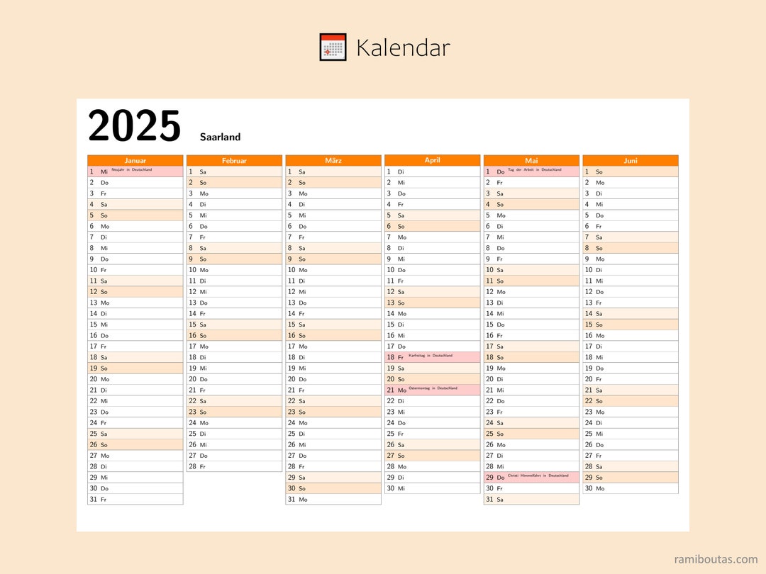 Kalendar 2025 mit Feiertagen in Saarland - Deutschland