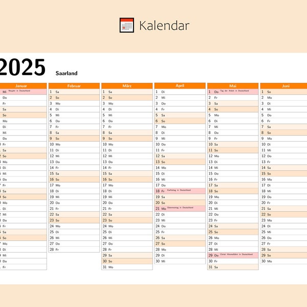 Kalendar 2025 mit Feiertage in Saarland - Deutschland, Ganzjahreskalender, Druckbarer Kalendar, Kalender im A4-Querformat, Wandkalender