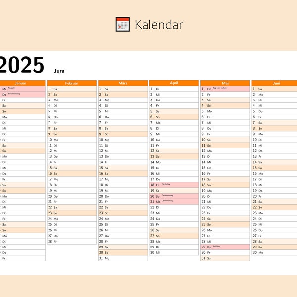 Kalendar 2025 mit Feiertage in Jura - Schweiz, Ganzjahreskalender, Druckbarer Kalendar, Kalender im A4-Querformat, Wandkalender