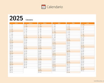 Calendario 2025, Calendario de año completo, Calendario Imprimible, Calendario in formato A4 apaisado, Calendario de pared