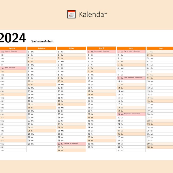 Kalendar 2024 mit Feiertage in Sachsen-Anhalt - Deutschland, Ganzjahreskalender, Druckbarer Kalendar, Kalender im A4-Querformat