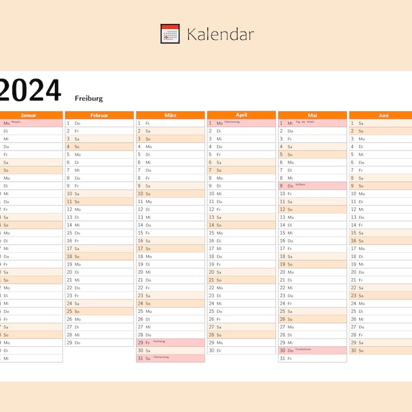 Kalendar 2024 mit Feiertage in Freiburg - Schweiz, Ganzjahreskalender, Druckbarer Kalendar, Kalender im A4-Querformat, Wandkalender