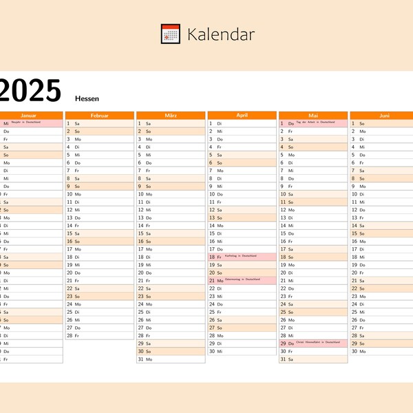 Kalendar 2025 mit Feiertage in Hessen - Deutschland, Ganzjahreskalender, Druckbarer Kalendar, Kalender im A4-Querformat, Wandkalender
