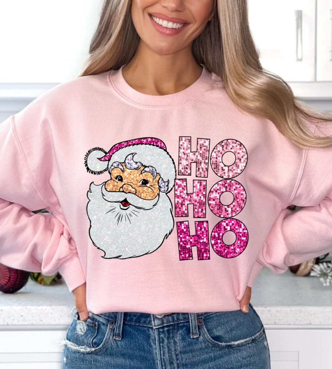 Pink HO HO HO Sequined Santa Claus Graphic Patch Application Sweatshirt main image 0