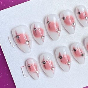 Blooming Pink Aura With Gems, Hand Painted, Press On Nails, Size L
