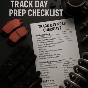 May include: A track day preparation checklist with the text "RACING ESSENTIALS FOR THE TRACK DAY PREP CHECKLIST." The image includes brake pads, gloves, a cup of coffee, and car suspension components.