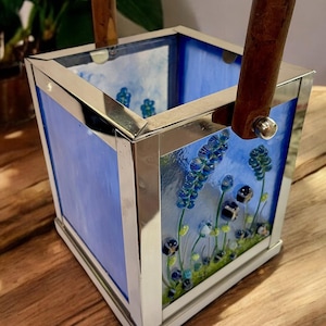 Blue Floral Garden Lantern, Fused Glass, Handmade, Unique Gift, Outdoor Garden Lantern, Fused Glass Flower Lantern, Floral Outdoor Lantern