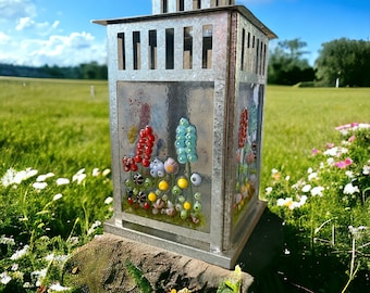 Floral Garden Lantern, Fused Glass, Handmade, Unique Gift, Outdoor Garden Lantern, Fused Glass Flower Lantern