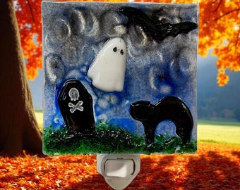 Fused Glass Halloween Night Light: Black Cat, Grave & Bat