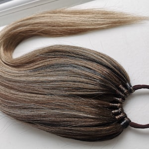 May include: A brown and blonde ombre hair extension with a brown elastic band.