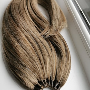 May include: A long, brown ponytail hair extension with a black elastic band. The hair is tied together with multiple black bands.