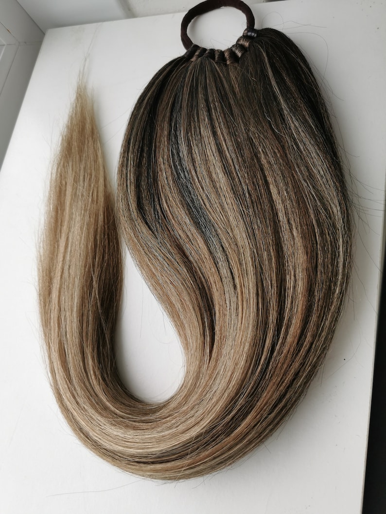May include: A long, brown and blonde ombre ponytail hair extension with a brown elastic band.
