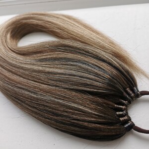 May include: A brown, blonde, and light blonde ponytail hair extension with a brown elastic band.
