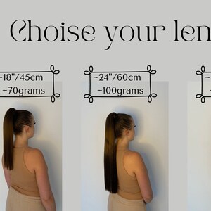 May include: Three different lengths of clip-in ponytail hair extensions. The extensions are shown on a model with a ponytail. The lengths are 18 inches, 24 inches, and 28 inches. The extensions are black and have a natural texture.