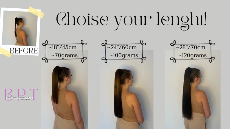 May include: Three different lengths of clip-in ponytail hair extensions. The extensions are shown on a model with a ponytail. The lengths are 18 inches, 24 inches, and 28 inches. The extensions are black and have a natural texture.