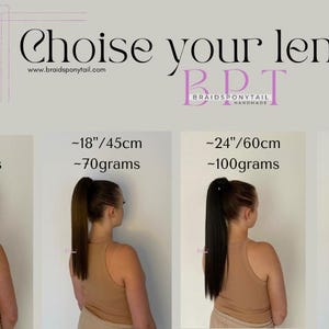 May include: Four women with different lengths of hair extensions. The lengths are 14 inches, 18 inches, 24 inches, and 28 inches. The hair extensions are shown in different colors, including burgundy, brown, black, and dark brown. The text "Choose your lenght!" is at the top of the image. The text "BRAIDSPONYTAIL" is in the center of the image.