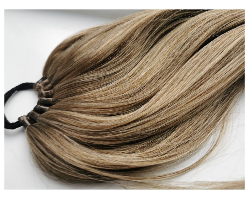 May include: A long, thick ponytail hair extension with a black elastic band. The hair is a light brown color with blonde highlights.
