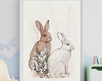 Two Rabbits Digital Print, Printable Art for Living Room, Digital Rabbit Art Wall Decor, Cute Nursery Wall Art, Minimalistic Wall Art Decor