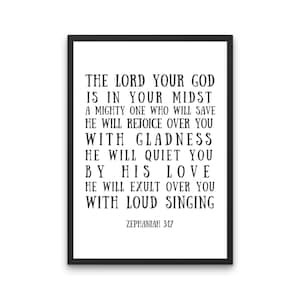 Zephaniah 3:17 Bible Verse Wall Art, Scripture Print, Eclectic, Farmhouse Decor for Office, Church, Bedroom, Living Room, Kitchen Great Gift