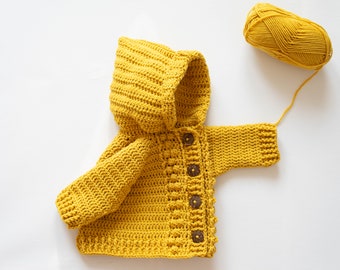 Cardigan bébé mérinos au crochet moutarde