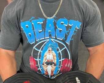 BEAST - Camiseta unisex vintage teñida en prenda Dragon Ball Z Gym (Goku levantando pesas) Colores cómodos