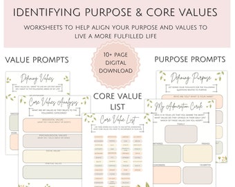 Peut inclure: Feuilles de travail imprimables pour vous aider à identifier vos valeurs fondamentales et votre objectif. Les feuilles de travail sont dans un schéma de couleurs rose pâle et vert avec des accents floraux. Les feuilles de travail comprennent des invites pour vous aider à définir vos valeurs et votre objectif, ainsi qu'une liste de valeurs fondamentales.