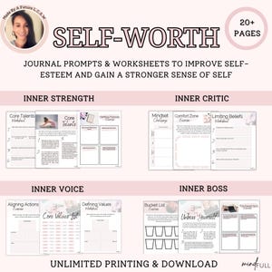 May include: A digital self-worth journal with prompts and worksheets to improve self-esteem. The journal includes sections on inner strength, inner critic, inner voice, and inner boss. The cover features the text "SELF-WORTH" and "20+ PAGES".