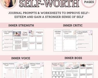 Peut inclure: Un journal numérique sur la valeur de soi avec des invites et des feuilles de calcul pour améliorer l'estime de soi. Le journal comprend des sections sur la force intérieure, le critique intérieur, la voix intérieure et le patron intérieur. La couverture affiche le texte "SELF-WORTH" et "20+ PAGES".