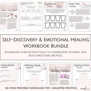 May include: A printable workbook bundle titled "Self-Discovery & Emotional Healing." The pages include exercises for identifying emotions, defining values, and building emotional balance. The bundle includes over 60 pages and is available for unlimited printing.